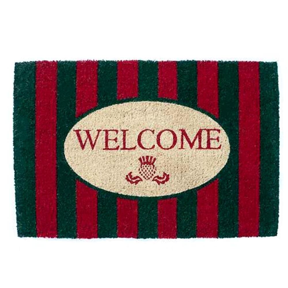 Mackenzie Childs Welcome Entrance Mat 2x3 Holiday Awning Stripe Red & Green New